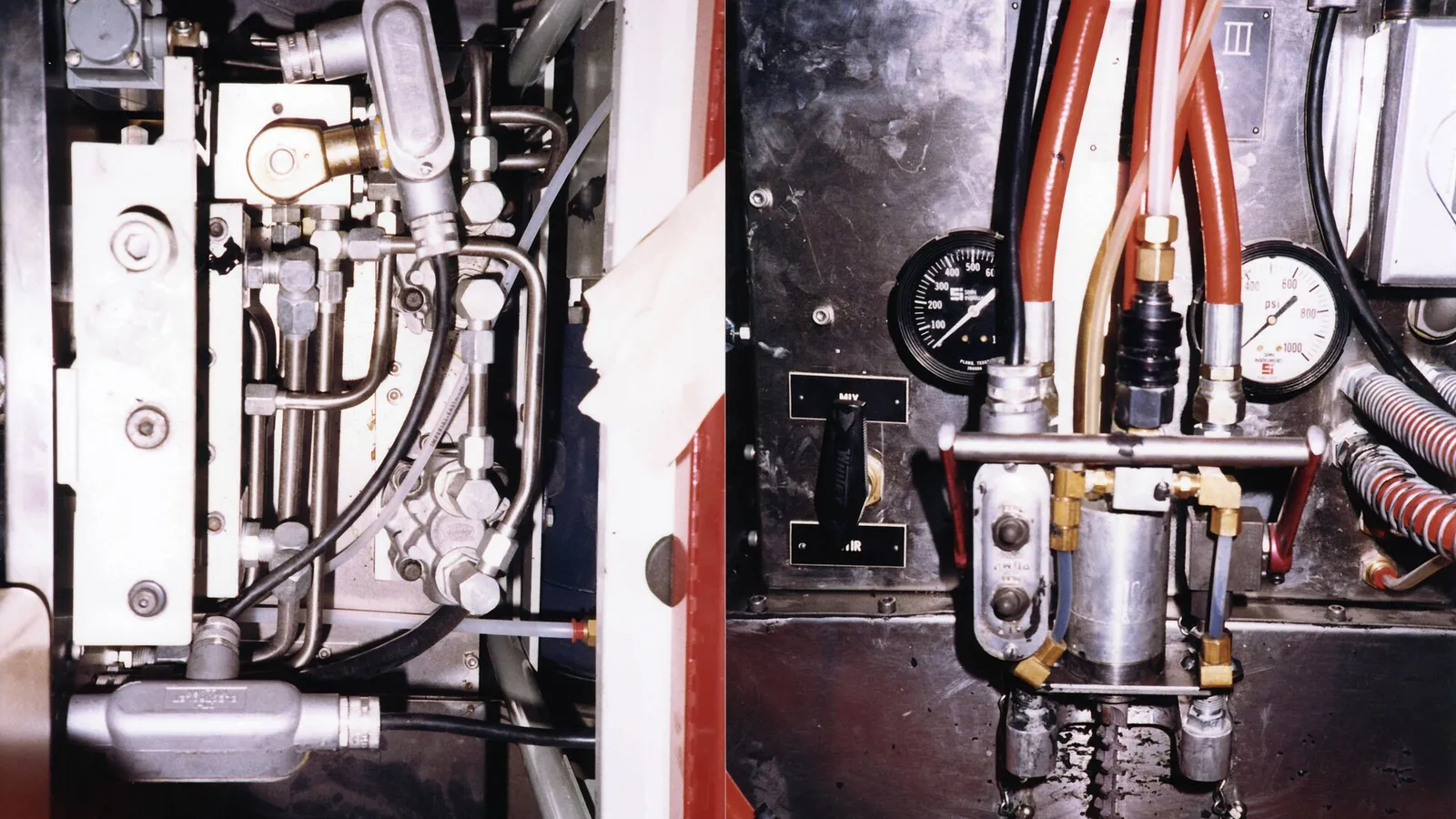 Industrial fluid system with pressure gauge and red transfer hose