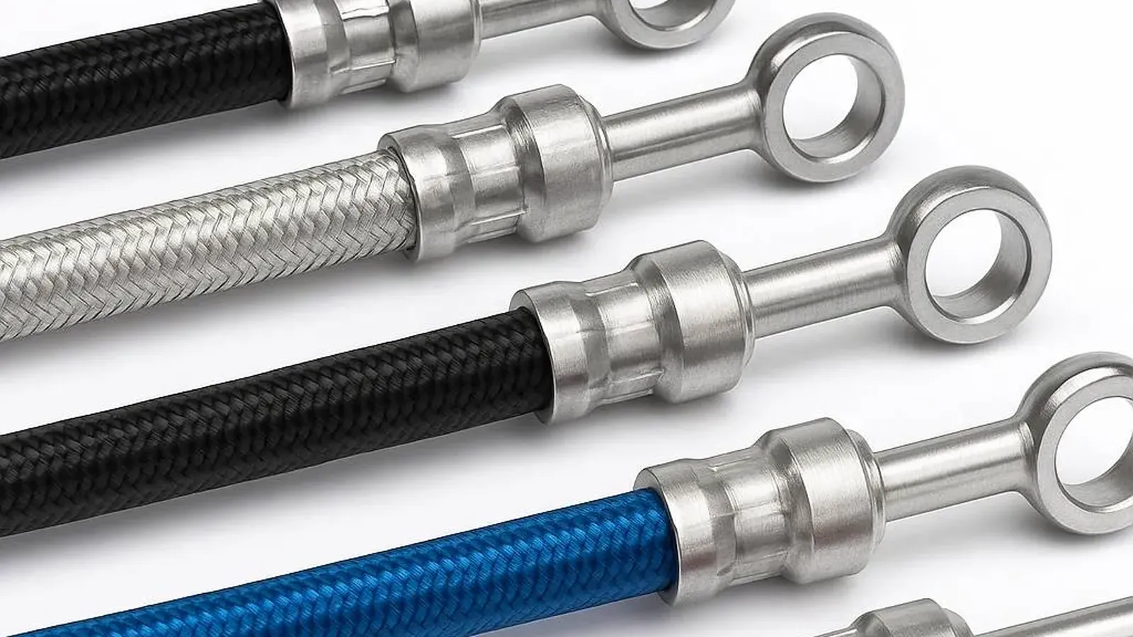Braided hoses with rod-end metal terminals in black, silver, blue and red