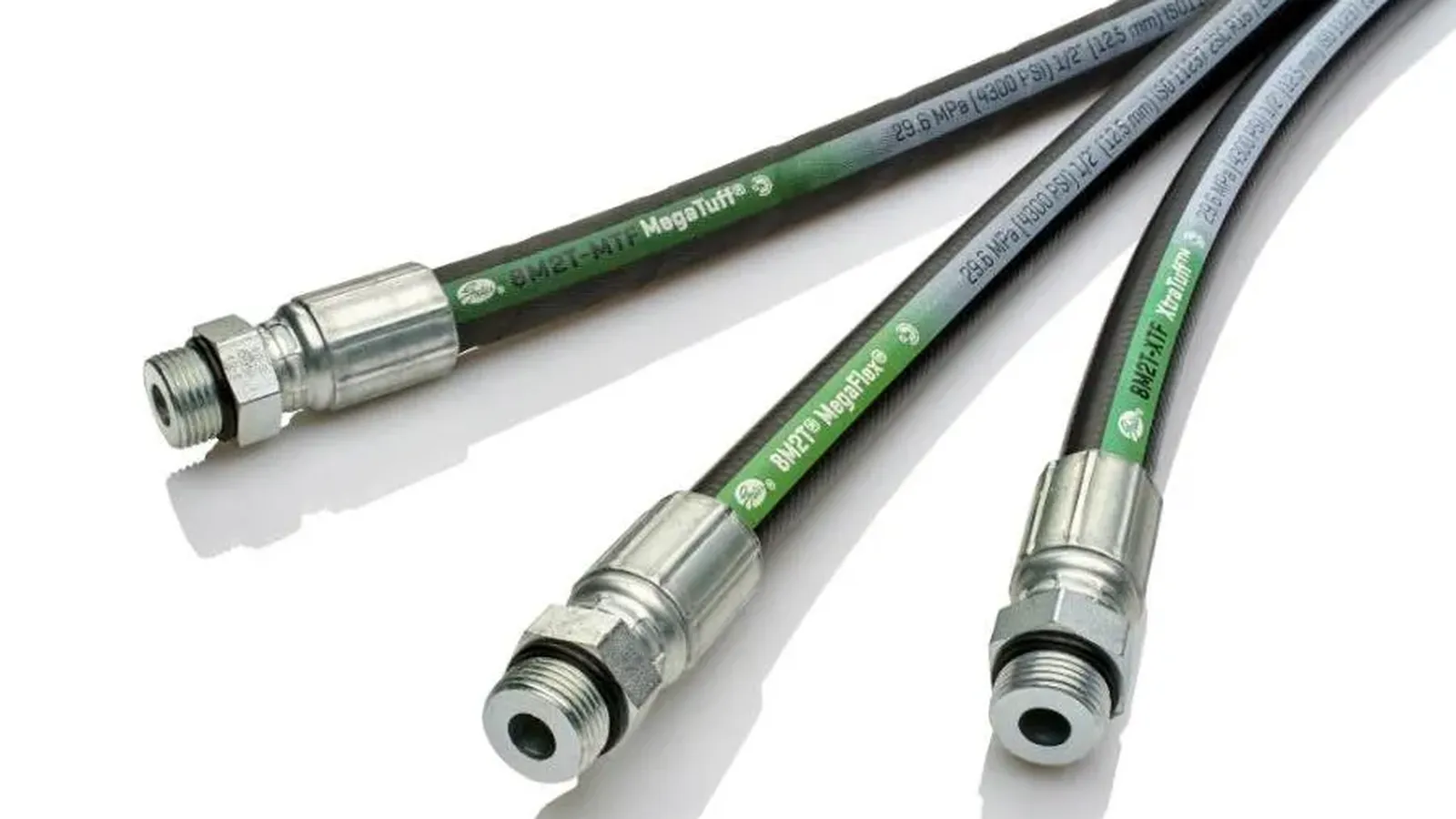 Three crimped hydraulic hoses with metal terminals