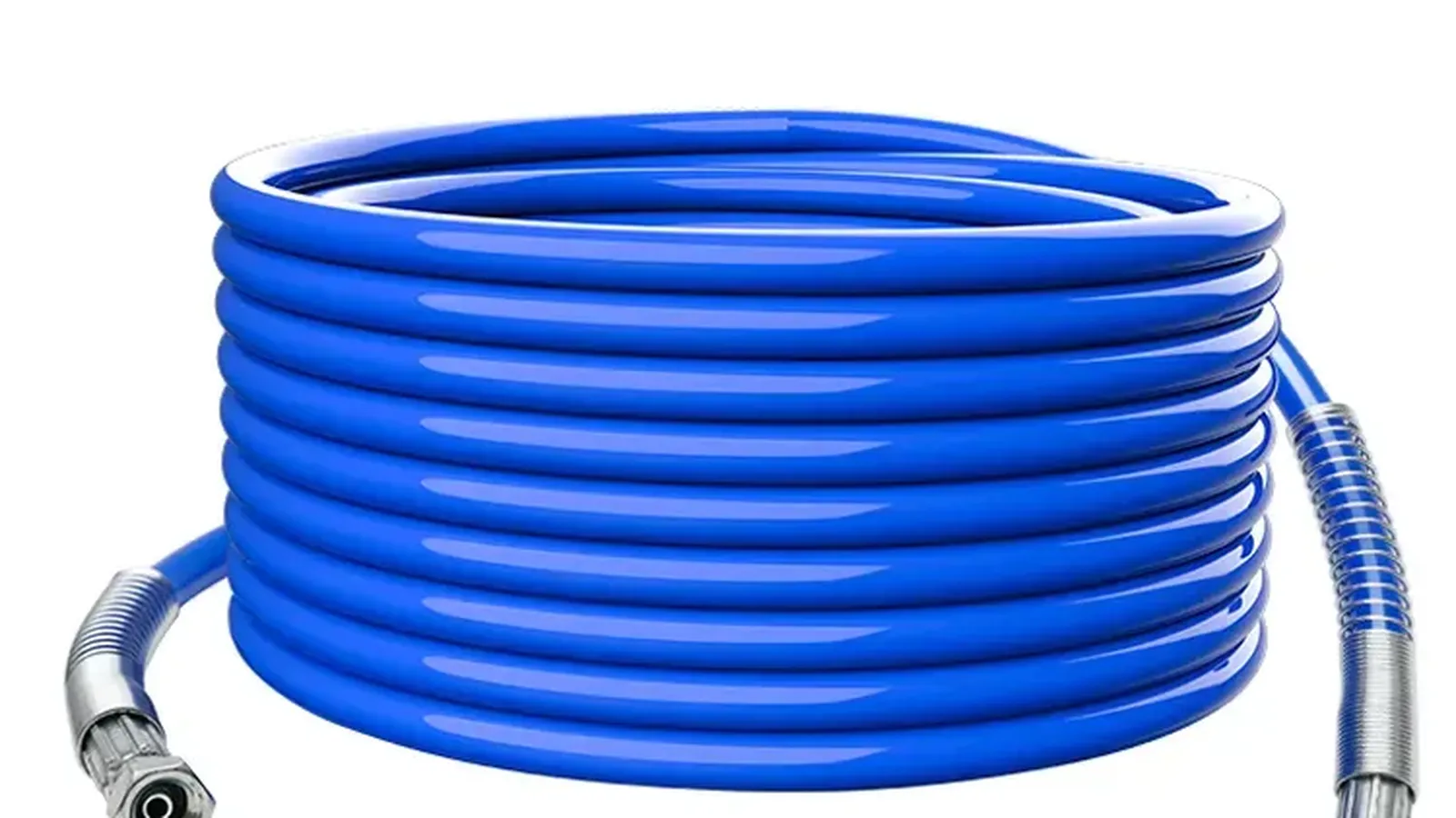 Coiled blue silicone hose with metal fittings