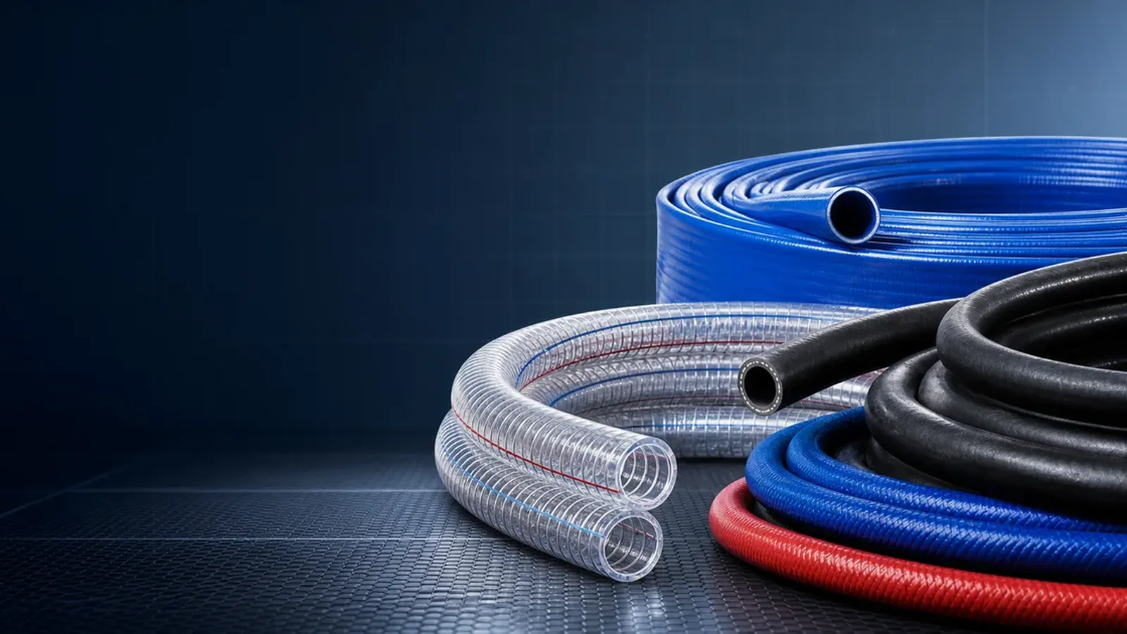 Assortment of colored industrial hoses for various transfer duties